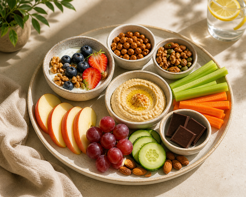 Balanced and nutritious snack ideas for menopause: a vibrant platter featuring fresh fruits, crunchy vegetables, nuts, seeds, hummus, and dark chocolate for a satisfying treat.