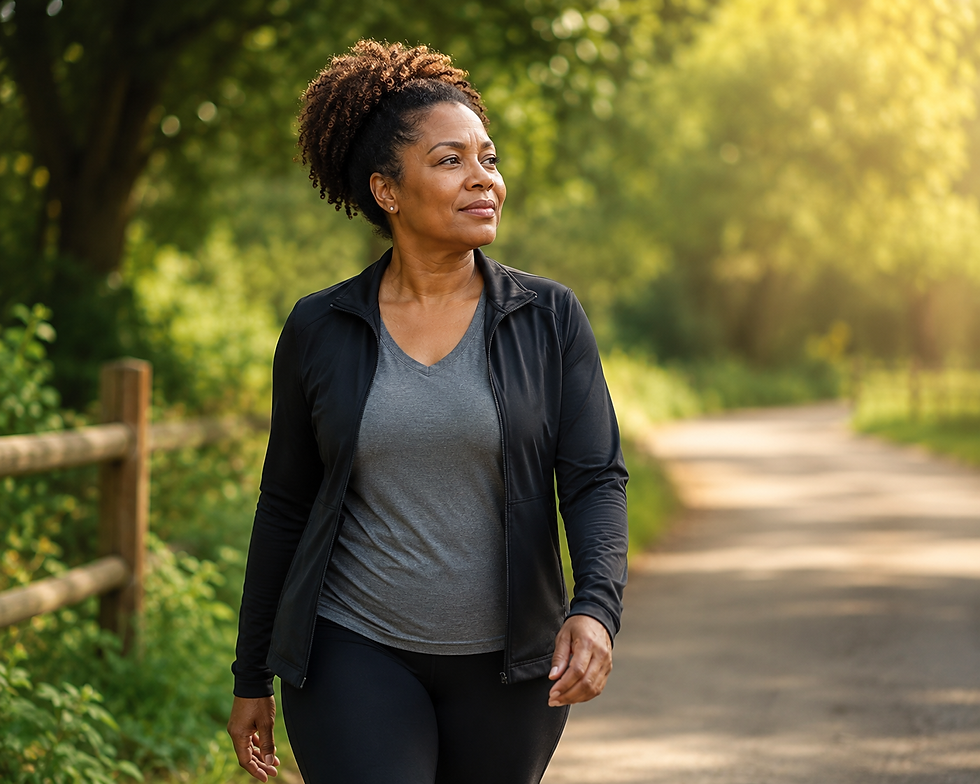 A woman takes a peaceful walk along a sunlit path, embracing the mental health benefits and stress reduction that come with movement and being in nature.