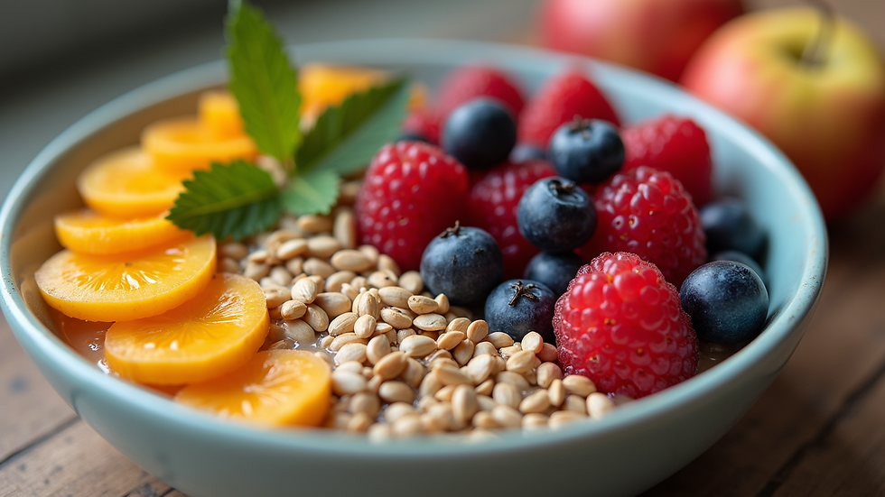 Close-up of a high-fiber breakfast bowl with seeds and fresh fruit