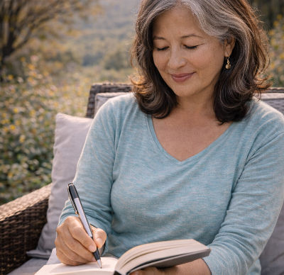 Hands write in a book with a pen, next to a white coffee cup. Person wears a blue sweater, creating a cozy, focused setting.
