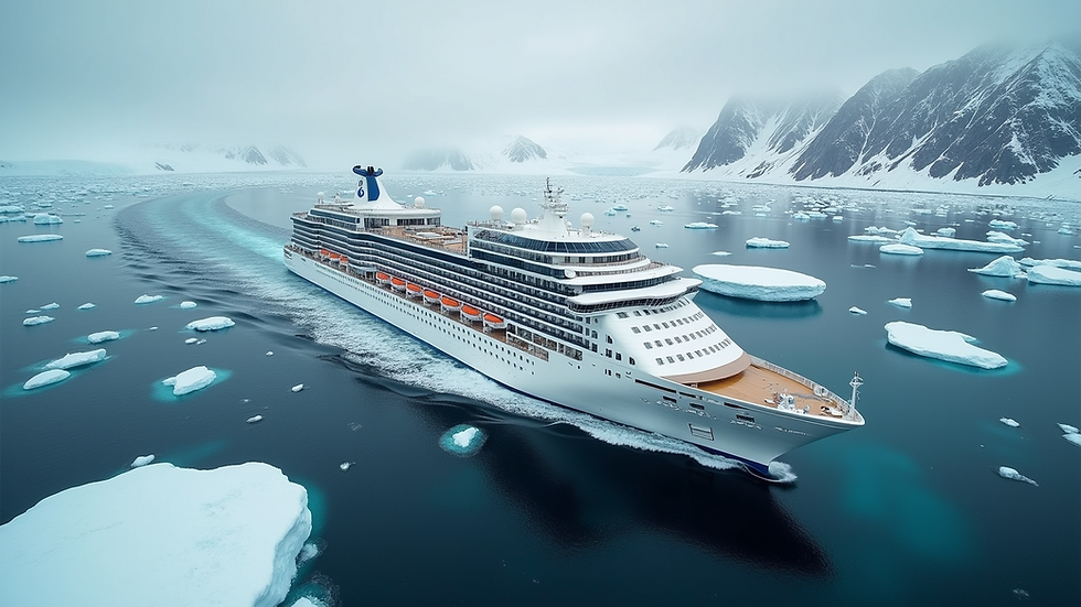High angle view of an Antarctic cruise ship navigating icy waters