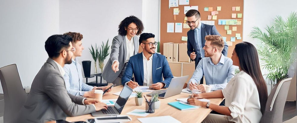 Equipo de consultores trabajando en una estrategia, representando los servicios de consultoría en negocios y tecnología