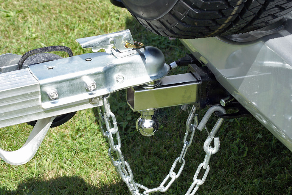 Close up of a trailer hitched to a vehicle. Safety chains also attached.