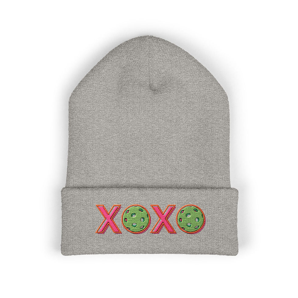 A white pickleball themed beanie with XOXO.