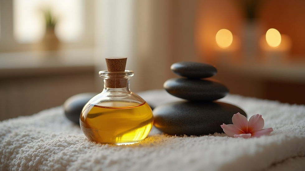 High angle view of massage oil and stones before therapy