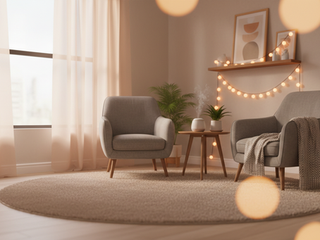 Cosy living room with two grey armchairs, a small table, diffuser and plants, warm fairy lights, sheer curtains, and a soft beige rug.