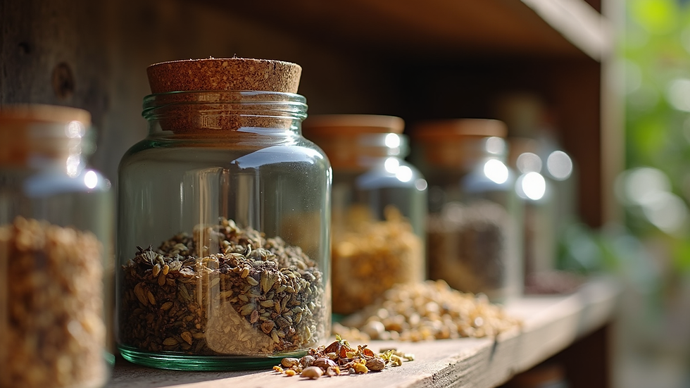 Close-up view of herbal medicine jars and dried herbs on a wooden shelf