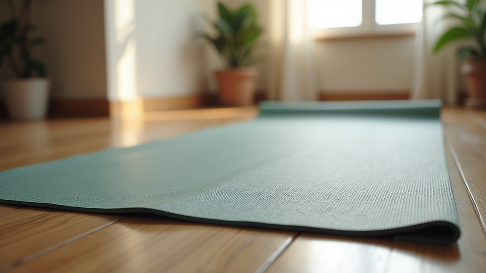 Close-up of an empty yoga mat on a wooden floor