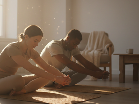 Eye-level view of a peaceful morning yoga session in a sunlit room