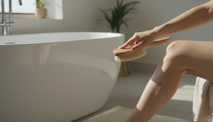 Close-up of a hand brushing the lower leg with a natural bristle body brush.