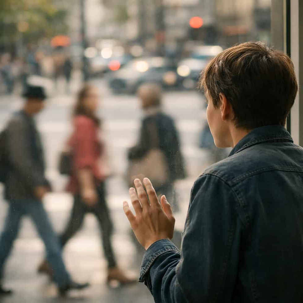 Frau schaut durch ein Fenster