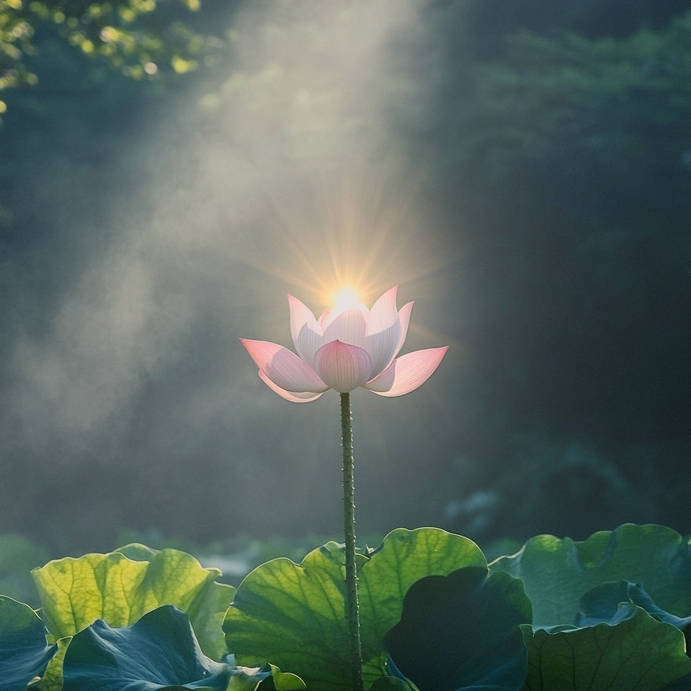 Pink lotus flower glowing in sunlight, surrounded by green leaves. Sunbeams create a serene and ethereal mood in a natural setting.