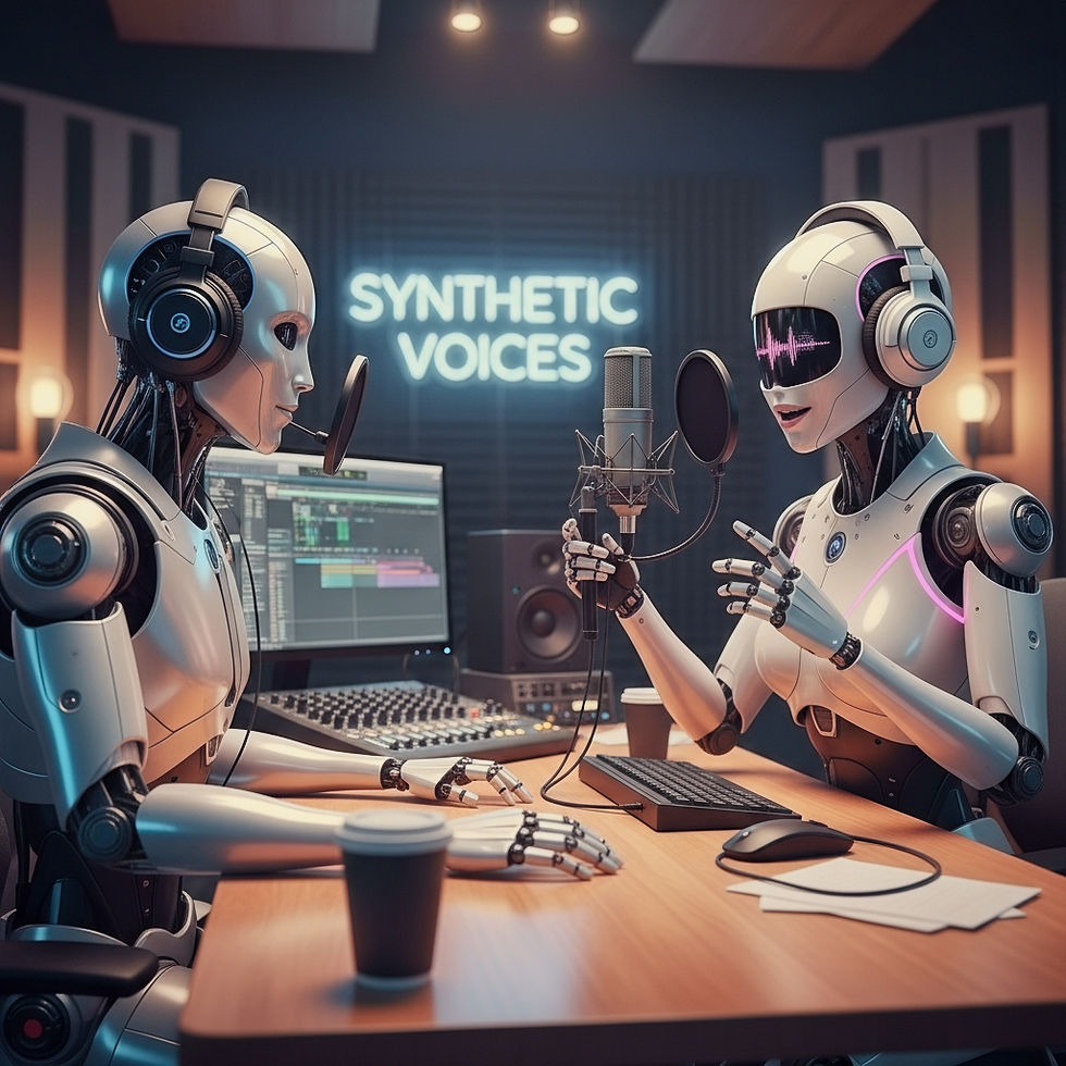 Two AI bots as characterized in the caption along with a coffee container, a laptop, and a screen reading "synthetic voices."