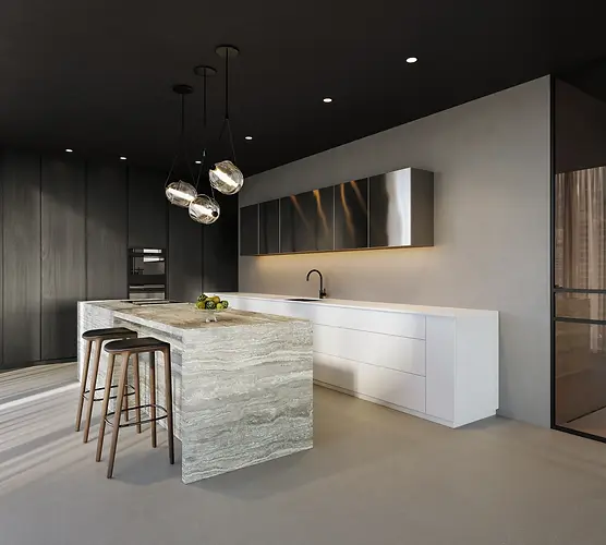 Exklusive Designküche mit moderner Kochinsel und Naturstein
