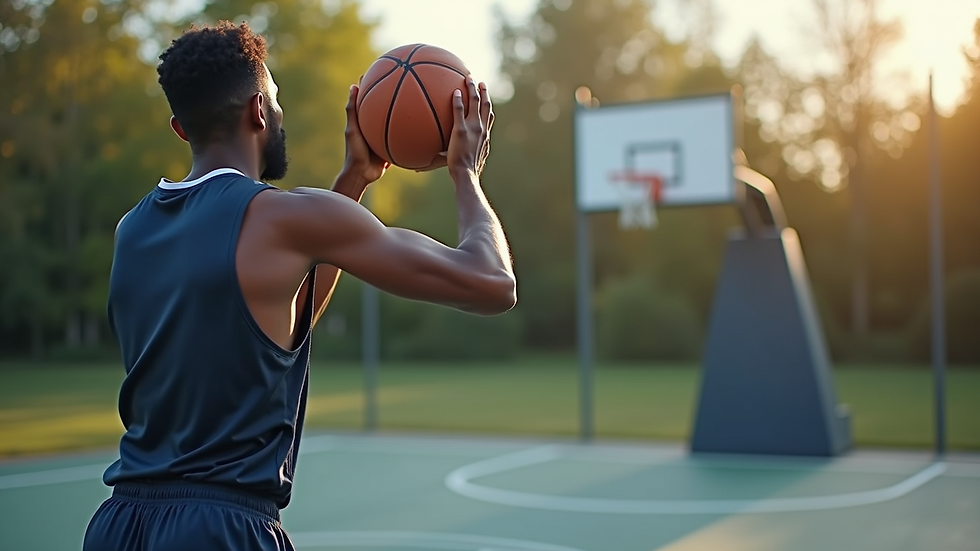 Close-up view of a basketball player practicing shooting with a training machine