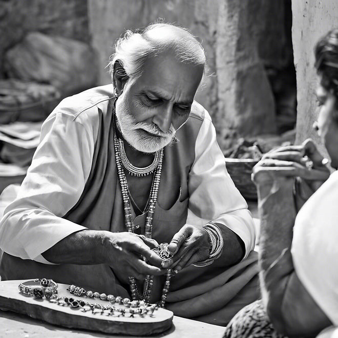 Create an image of an old Indian jewellery, artisan, making jewellery on the roads of jaip