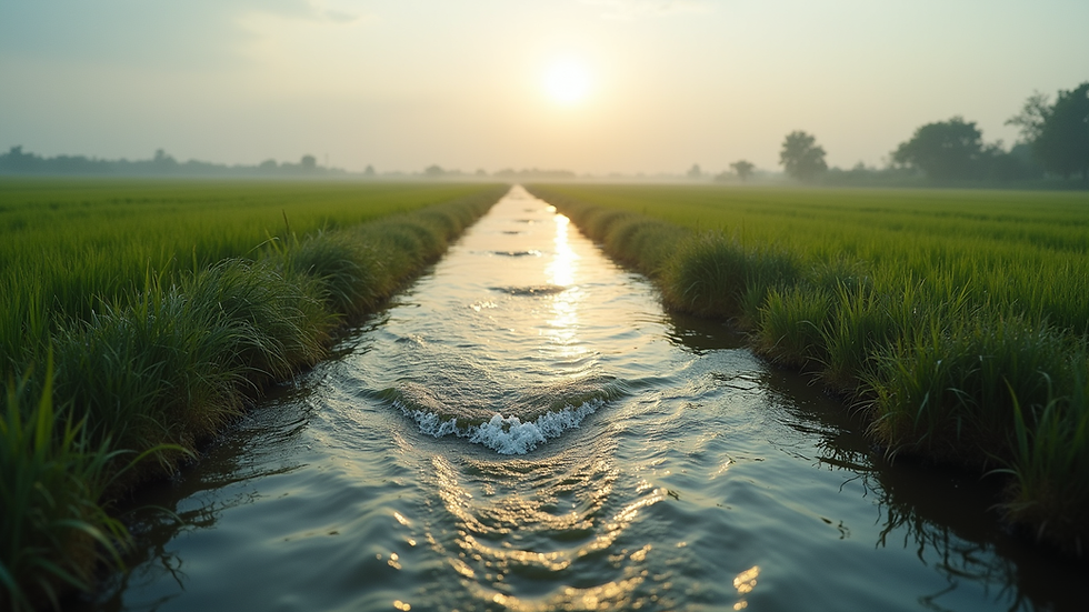 Eye-level view of a flowing river surrounded by agricultural fields