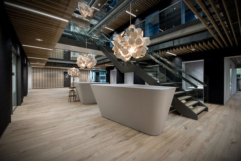 Ruime receptie met moderne verlichting