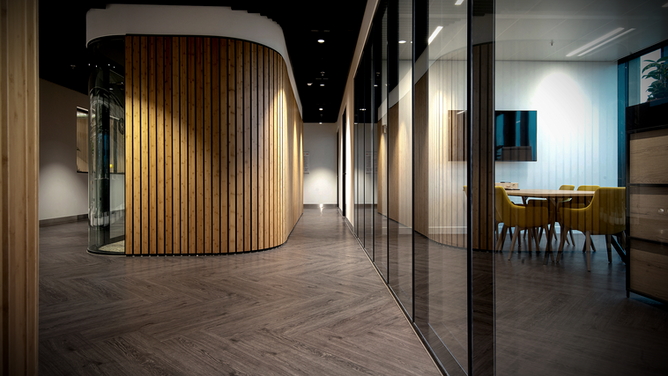 Interieurfotografie -Moderne houten kantoor gang