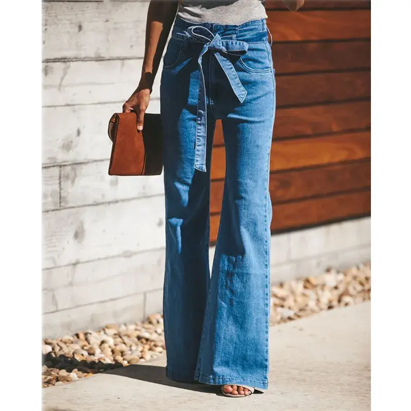 Blue Tie Waist Flare Jeans Women Slim Denim Trousers Vintage