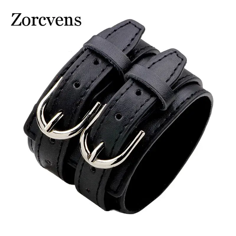 ZORCVENS Fashion Double Belt Leather Wrist Friendship Big Wide Bracelet for Men