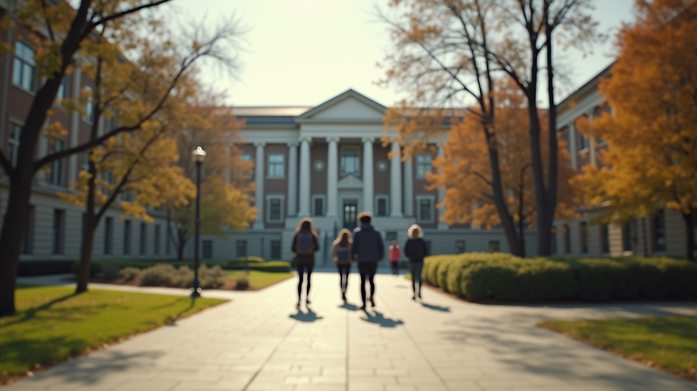 Eye-level view of a college campus with students walking