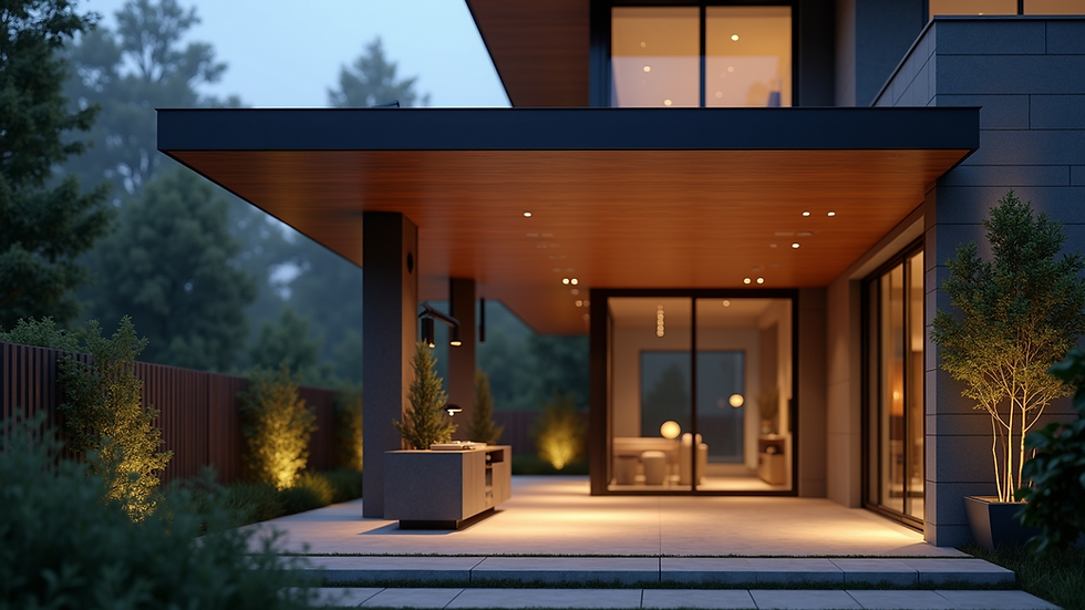 Close-up view of a modern pergola with integrated lighting