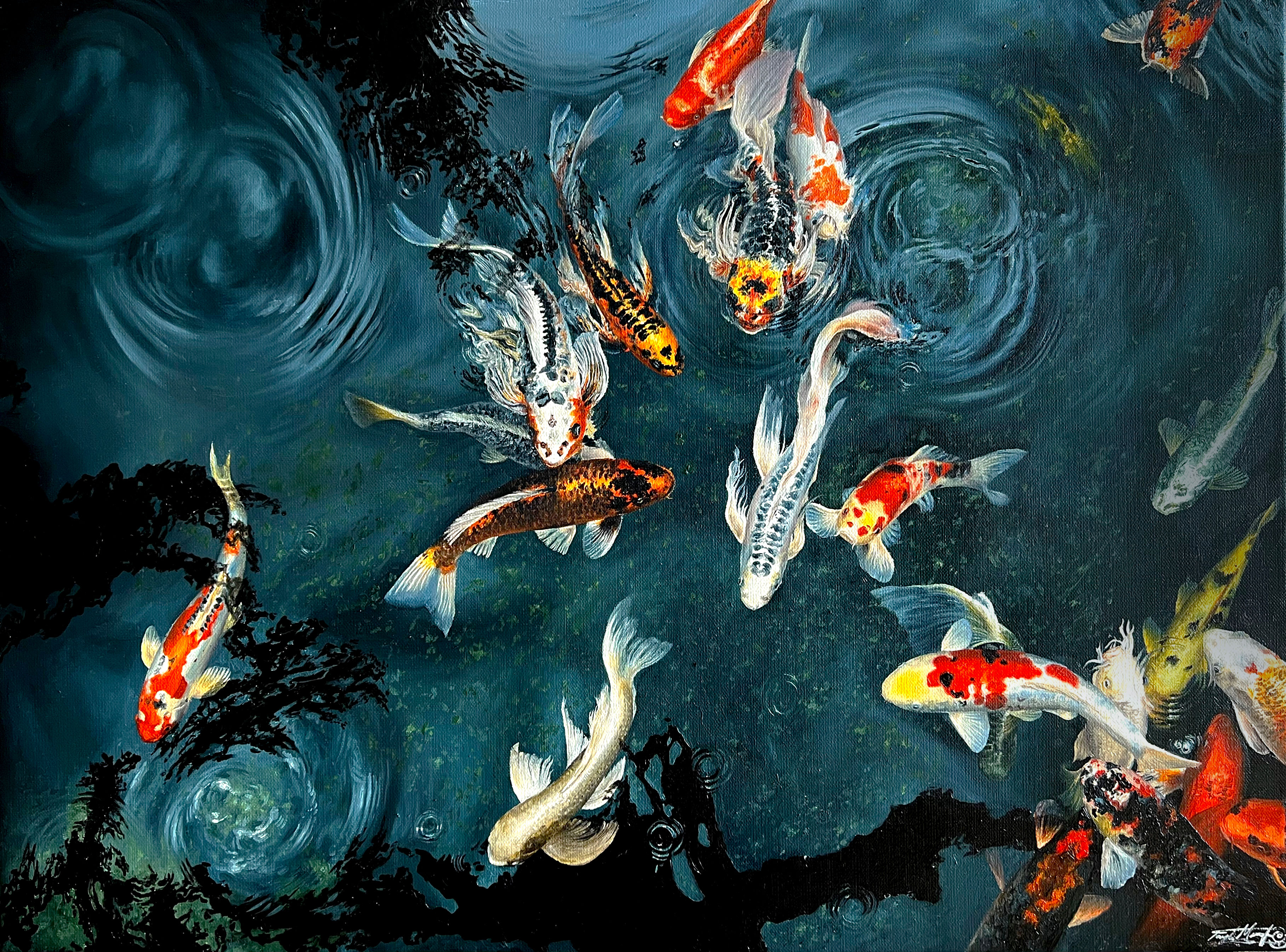 oil painting of an aerial view of a pond of swimming koi fish
