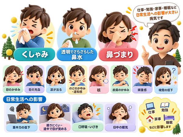 花粉症の代表的な鼻症状は、 ・くしゃみ
・透明でさらさらした鼻水
・鼻づまり の3つです。 このほかにも、 ・目のかゆみ
・目の充血
・涙が出る
・のどのかゆみ、違和感