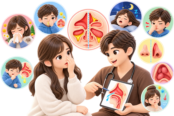 鼻づまりの原因は、 アレルギー性鼻炎や副鼻腔炎などさまざまです。 症状が長引く場合や繰り返す場合は、 お早めにご相談ください。