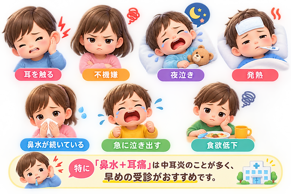 小さなお子さんでは、次のような様子に注意してください。 耳を触る 不機嫌 夜泣き 発熱 鼻水が続いている 急に泣き出す 食欲低下 特に「鼻水+耳痛」は中耳炎のことが多く、 早めの受