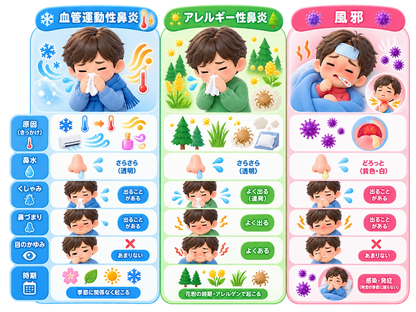 血管運動性鼻炎、アレルギー性鼻炎、風邪との比較