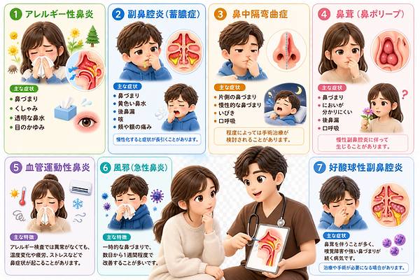 ① アレルギー性鼻炎 もっとも多い原因のひとつです。 花粉やハウスダストなどにより 鼻の粘膜が腫れ、鼻づまりが起こります。 【主な症状】 ・鼻づまり ・くしゃみ ・透明な鼻水 ・目