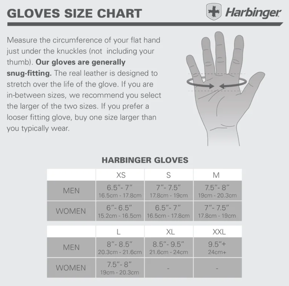 טבלת מידות כפפות. כפפות Harbinger לגברים ונשים