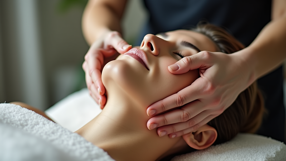 Close-up view of a massage therapist applying gentle pressure to the jaw area