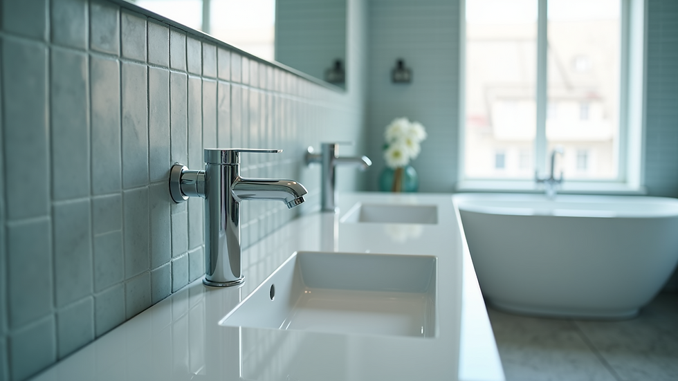 Close-up of modern bathroom tiles and chrome fixtures