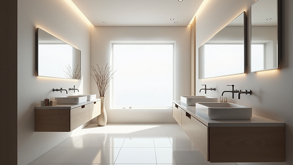 Eye-level view of a minimalist bathroom with floating vanities