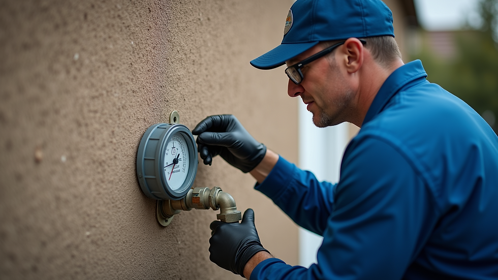 High angle view of a plumber inspecting a water meter outside a residential property