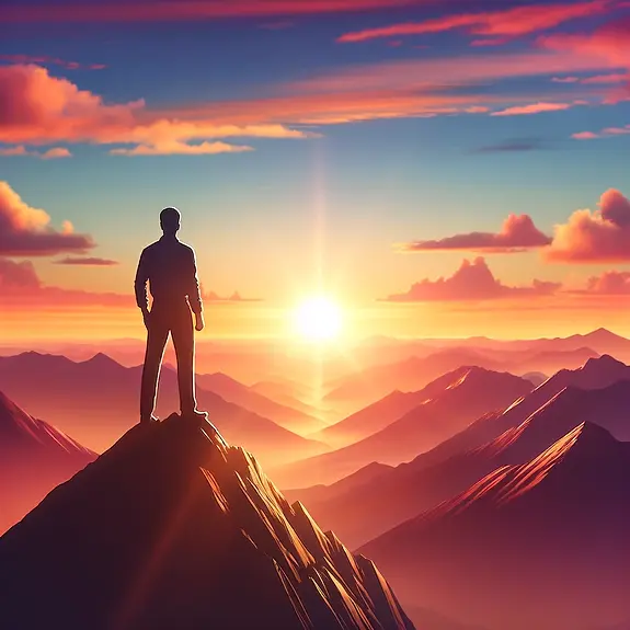 DALL·E 2024-05-20 12.20.41 - A person standing at the top of a mountain, looking out at a