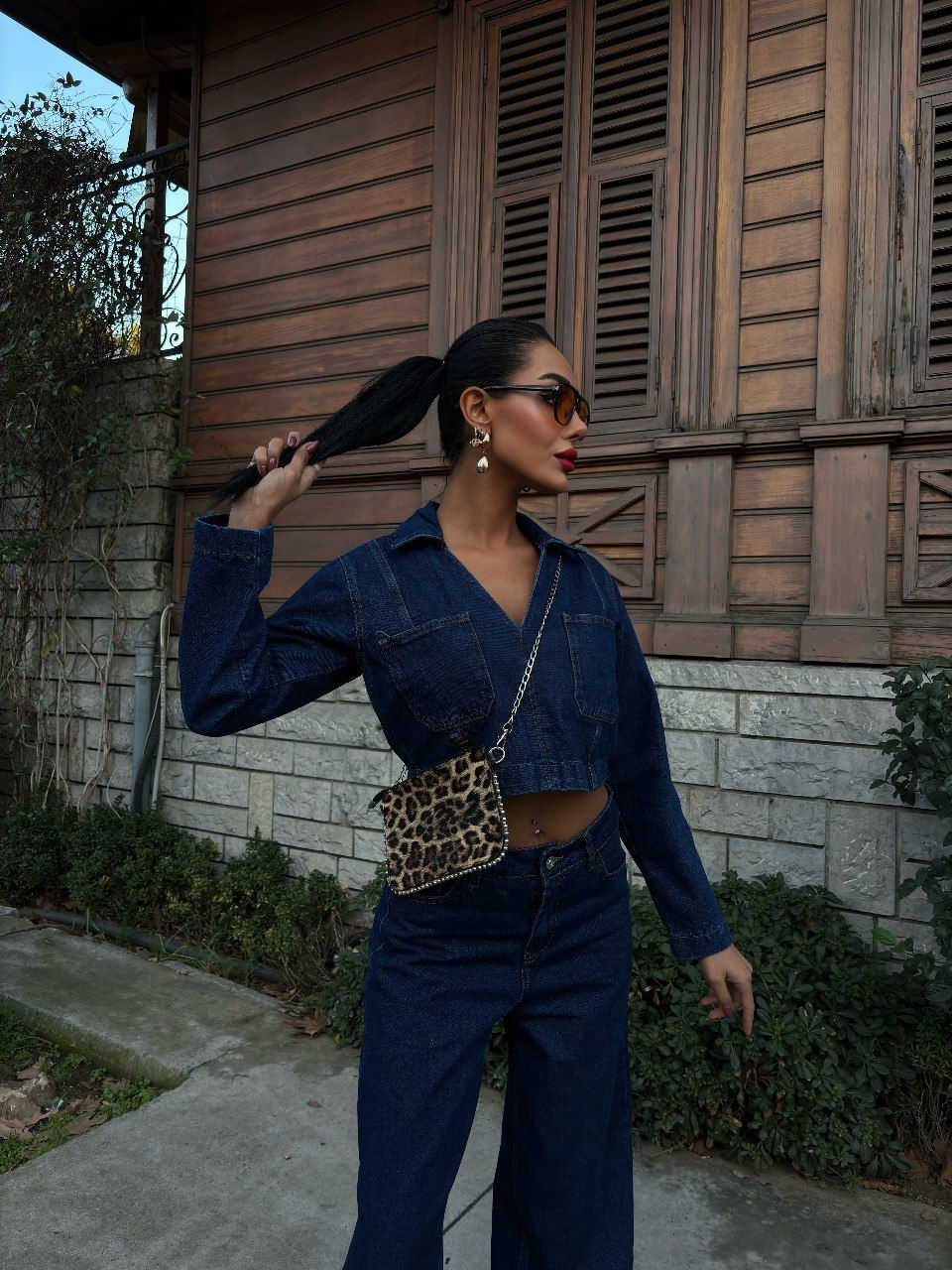 Crop Üstlü Premium Denim Takım