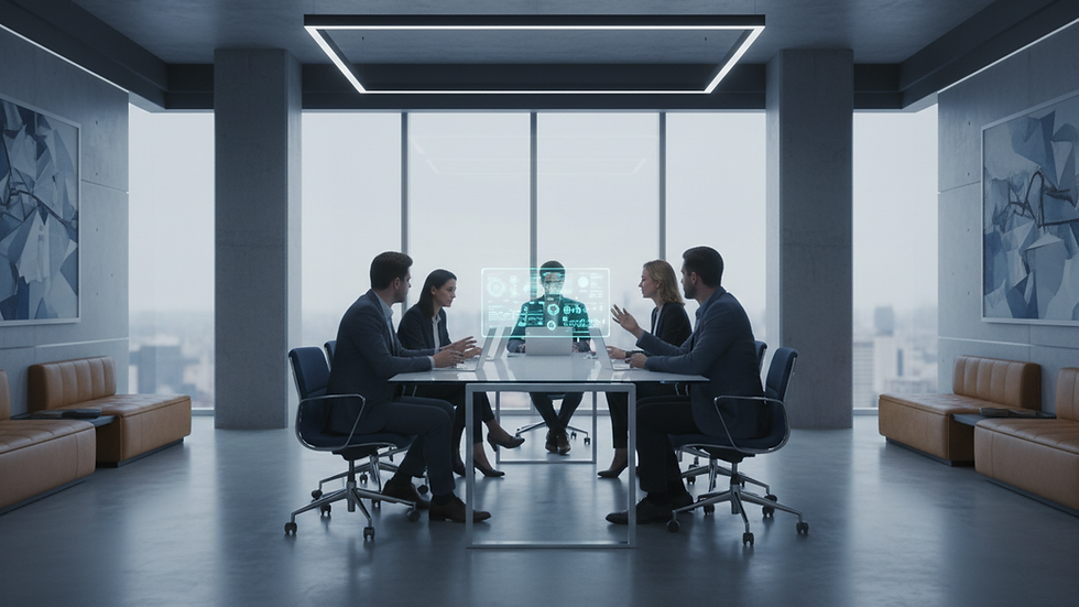 Eye-level view of a modern office meeting room with startup team discussing plans