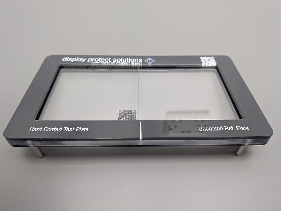 DPS material evaluation frame comparing hard-coated and uncoated cover lens materials for electronic displays