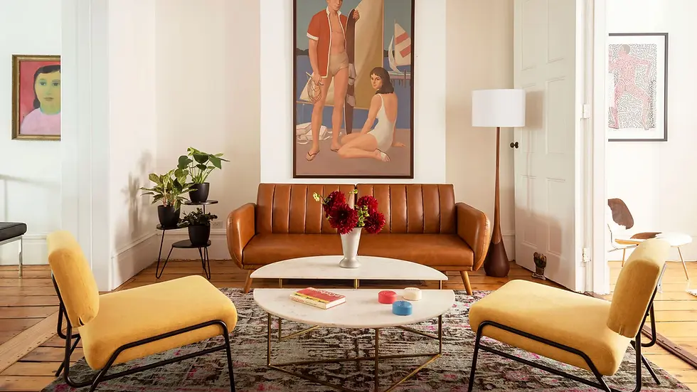 Modern living room with leather sofa and yellow chairs