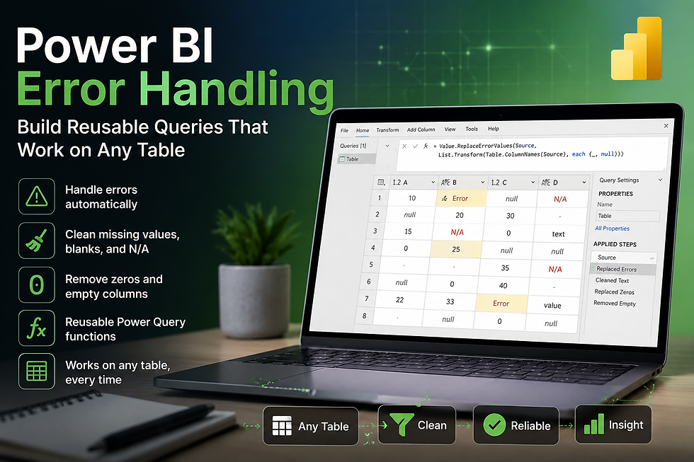 Laptop displaying Power BI error handling table with highlighted errors and "N/A". Text reads "Power BI Error Handling" with green plant nearby.