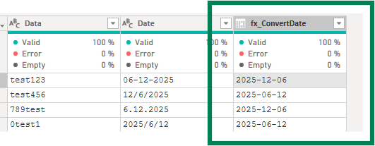 Data table with columns: Data, Date, and fx_ConvertDate. Entries show formatted dates. Green and grey highlights surrounding columns.
