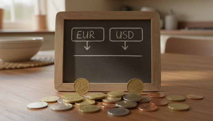 Eye-level view of a small chalkboard showing two currency dropdown choices beside mixed coins