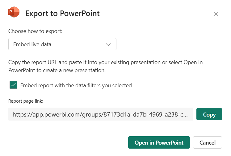 Export to PowerPoint dialog box in Power BI. Options to embed live data, link to report, and buttons to copy or open in PowerPoint.