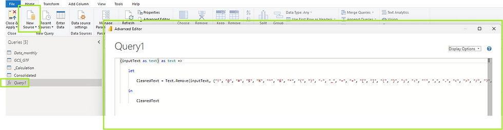 Power Query screen with "Query1" open in Advanced Editor. Code shown removes specific symbols from text. Office toolbar above.
