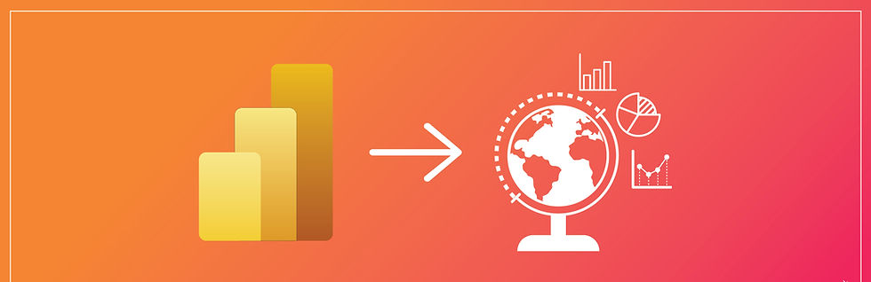Yellow bar chart icon pointing to a globe with graphs on a gradient orange background. Represents data visualization or analytics.