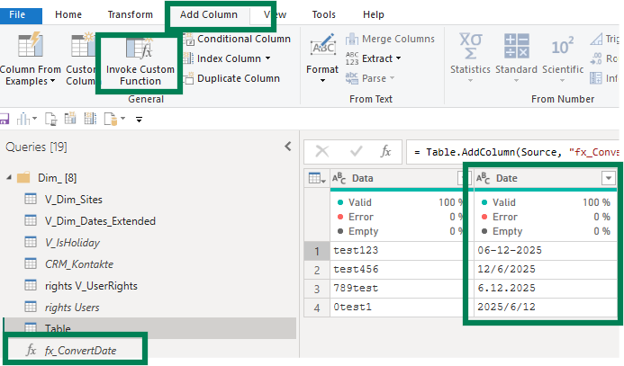 Spreadsheet interface showing data conversion functions, with highlighted sections: "Invoke Custom Function" and "ConvertDate" table displaying dates.